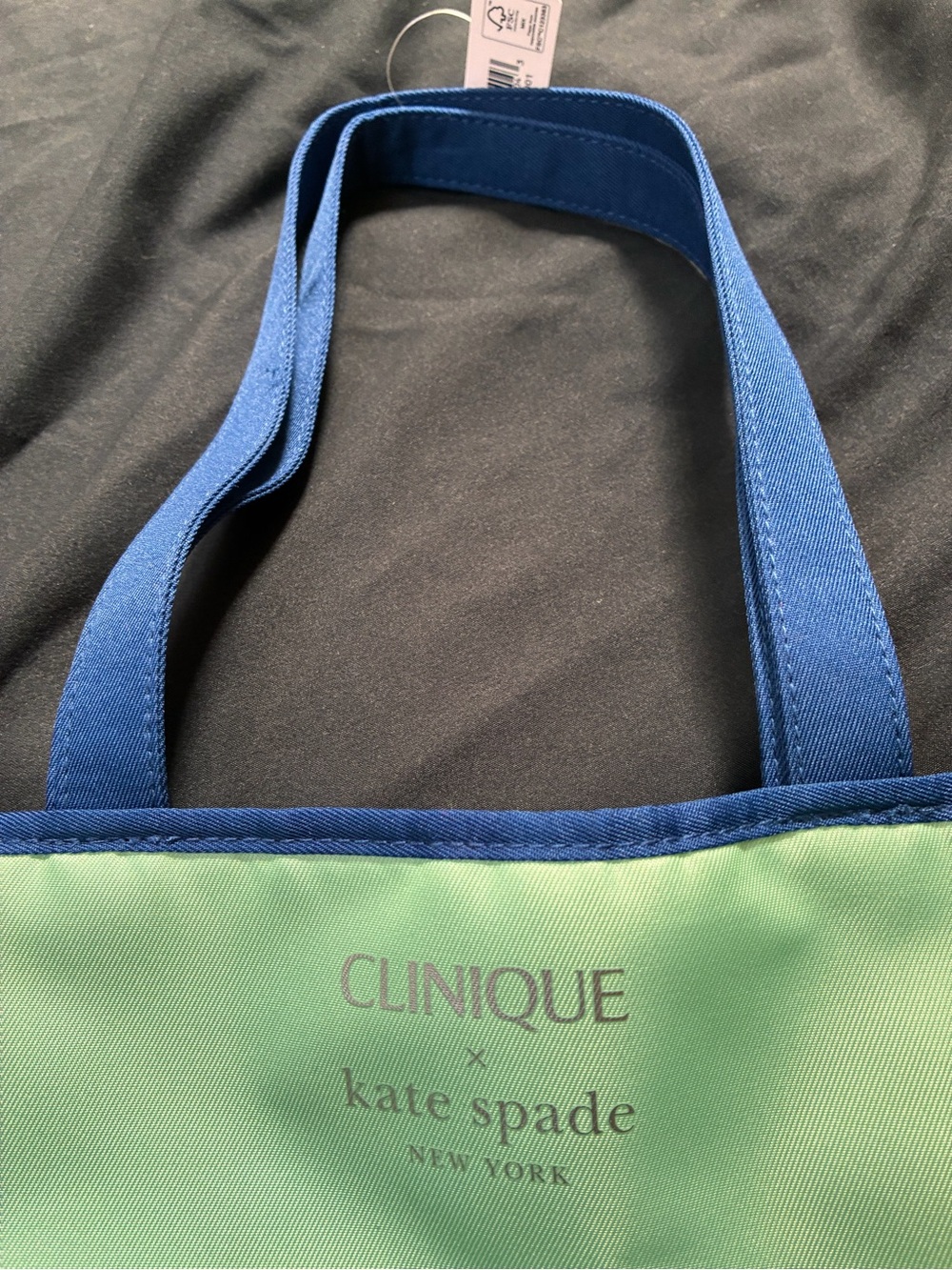 Clinique / Kate Spade Mint Green Tote with Blue Handles and Cosmetic Motif - Picture 3 of 5
